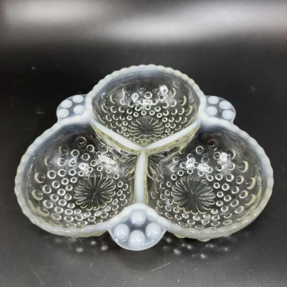 Anchor Hocking Moonstone Clear Opalescent Hobnail Relish Dish 3 Parts Glass Dish